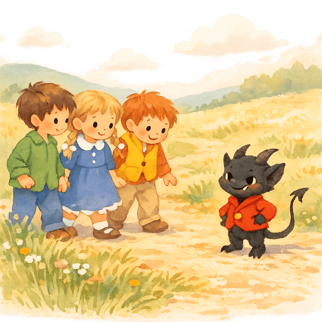 Дети идут по дороге и встречают маленького черта