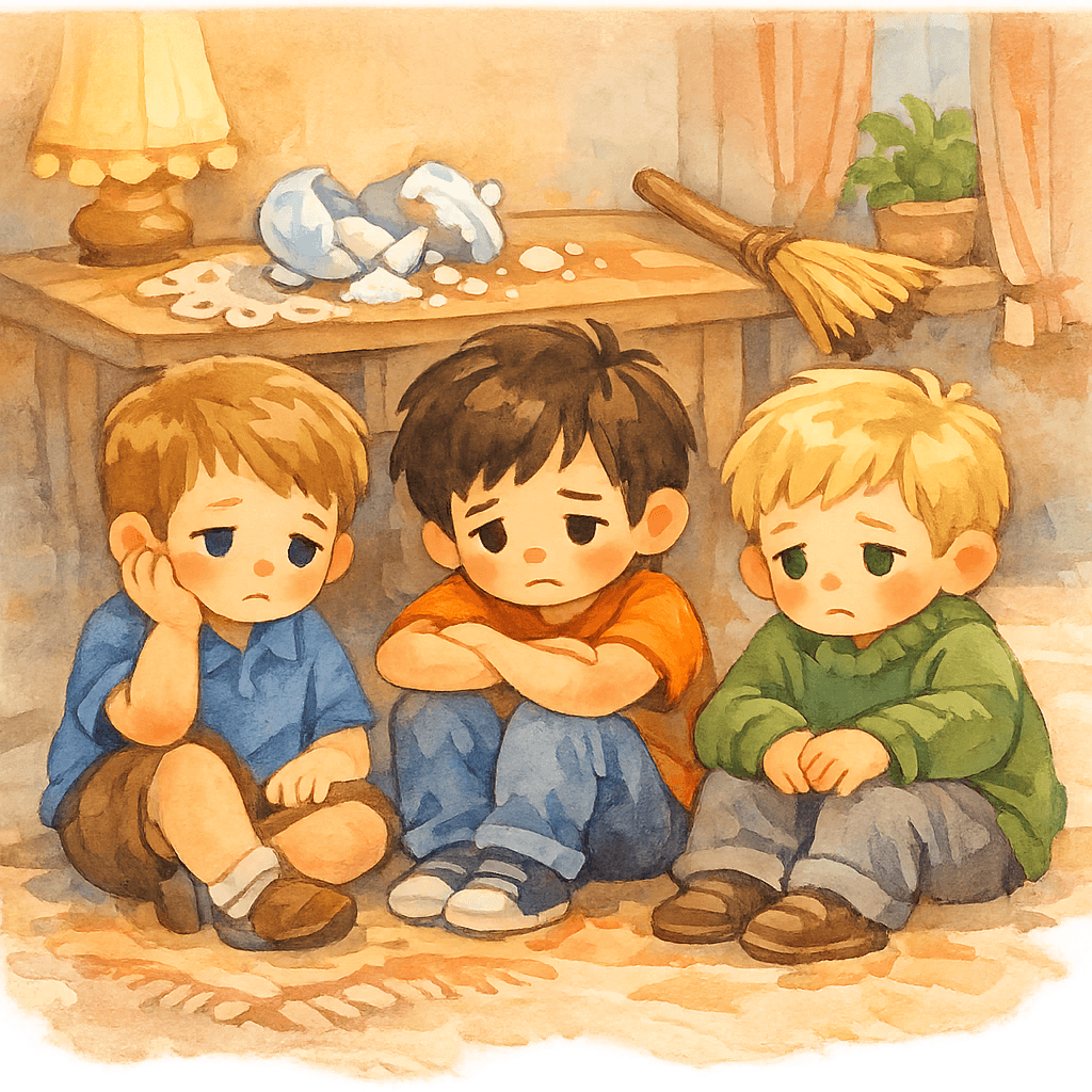 Мальчики сидят в комнате рядом с разбитой сахарницей