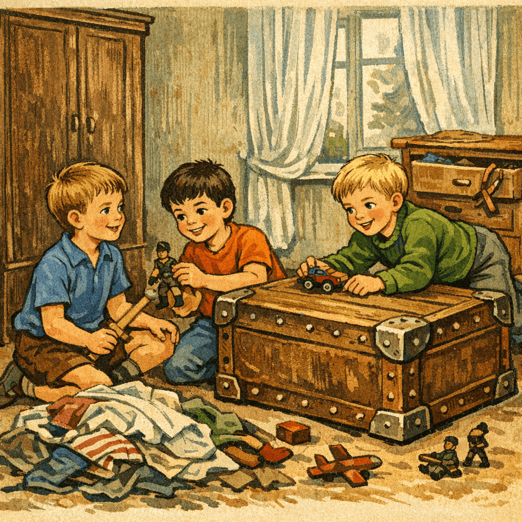 Трое мальчиков играют в прятки и устраивают беспорядок в комнате