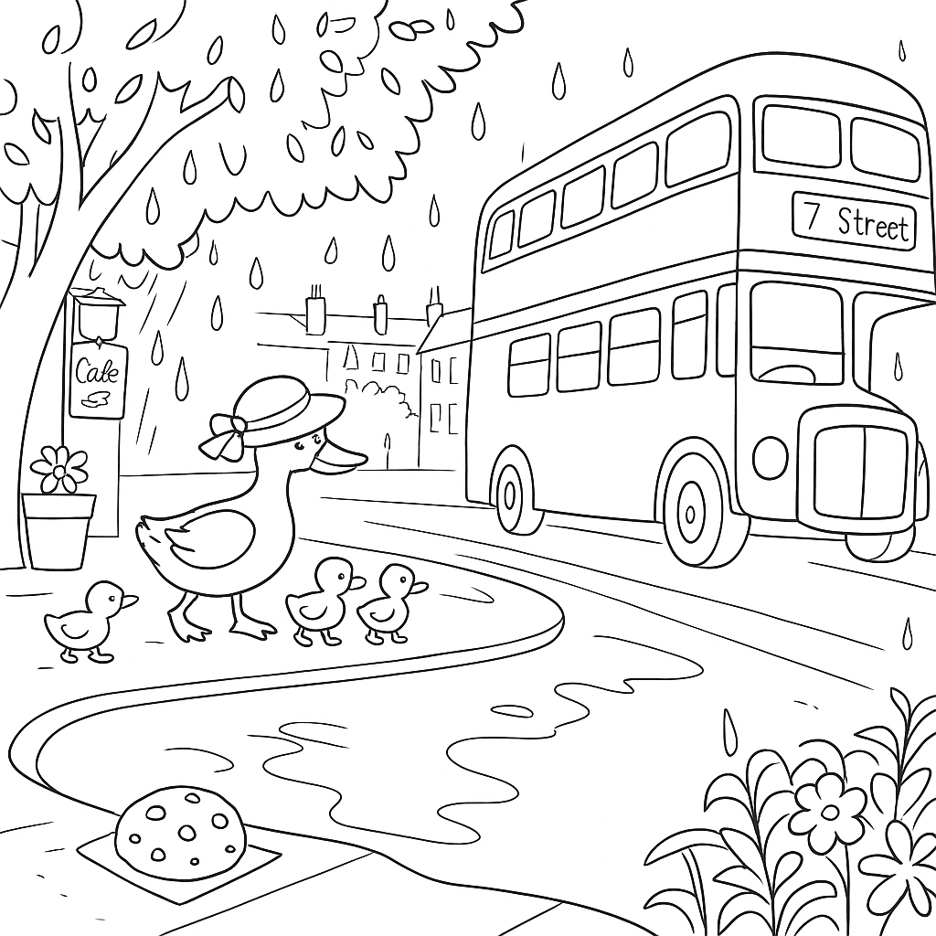 Раскраска по сказке "Про лужу и булочку с изюмом"