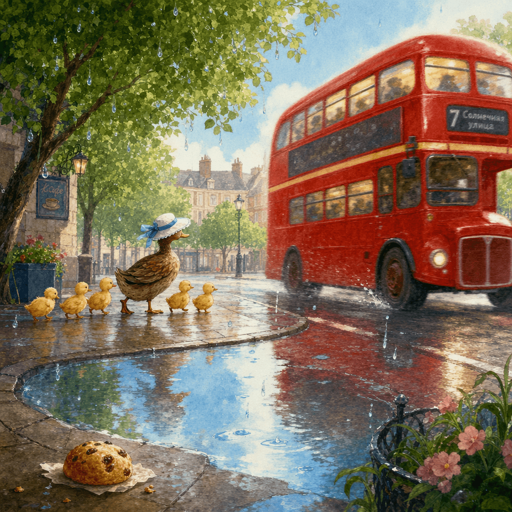 Лужа после дождя, красный автобус; мама-утка с утятами уходят вдаль.