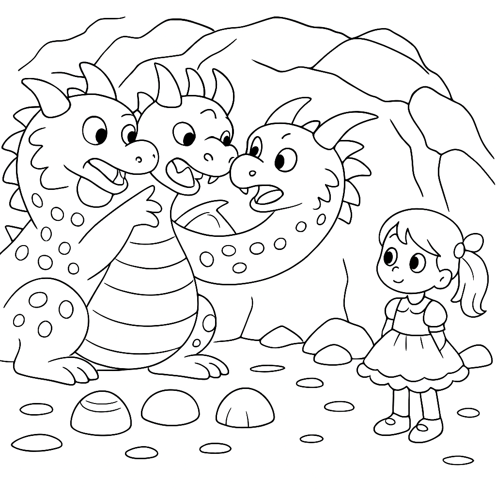 Раскраска по сказке "Храбрая девочка и дракон"