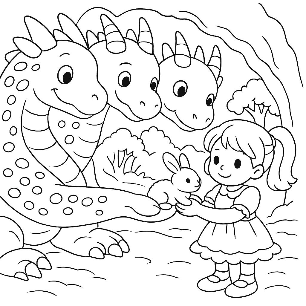 Раскраска по сказке "Храбрая девочка и дракон"