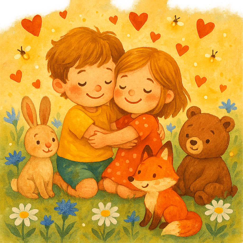 Дети обнимаются на солнечной поляне, рядом добрые зверята, атмосфера нежности и поддержки.