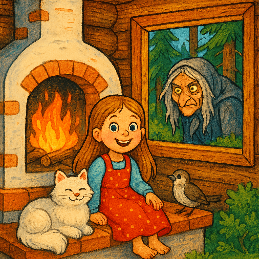 Жихарка с Котом и Воробьём у печки, а из-за окна выглядывает Баба Яга.