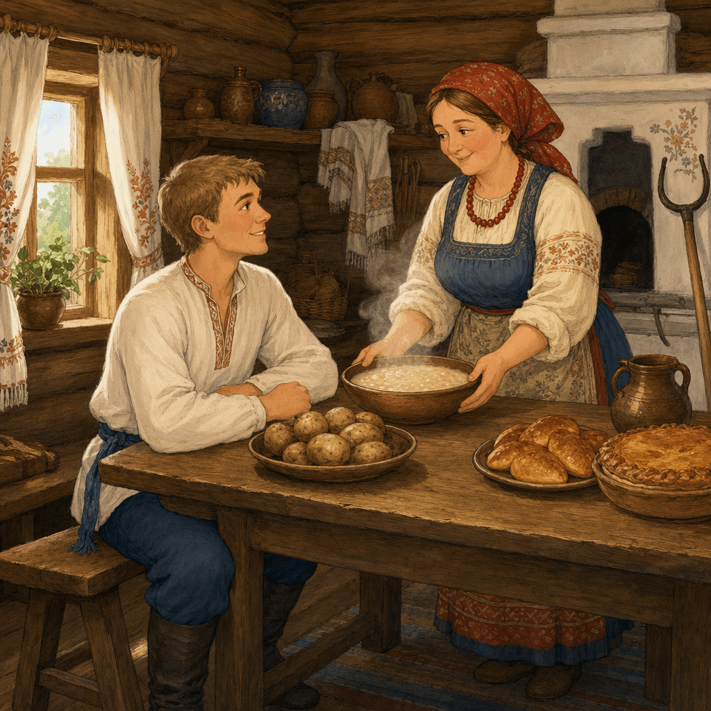 Тёща угощает Иванку овсяным киселём в деревенской избе