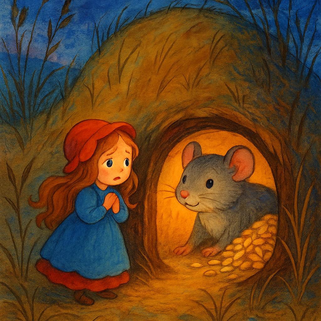 Дюймовочка просит помощи у полевой мыши.