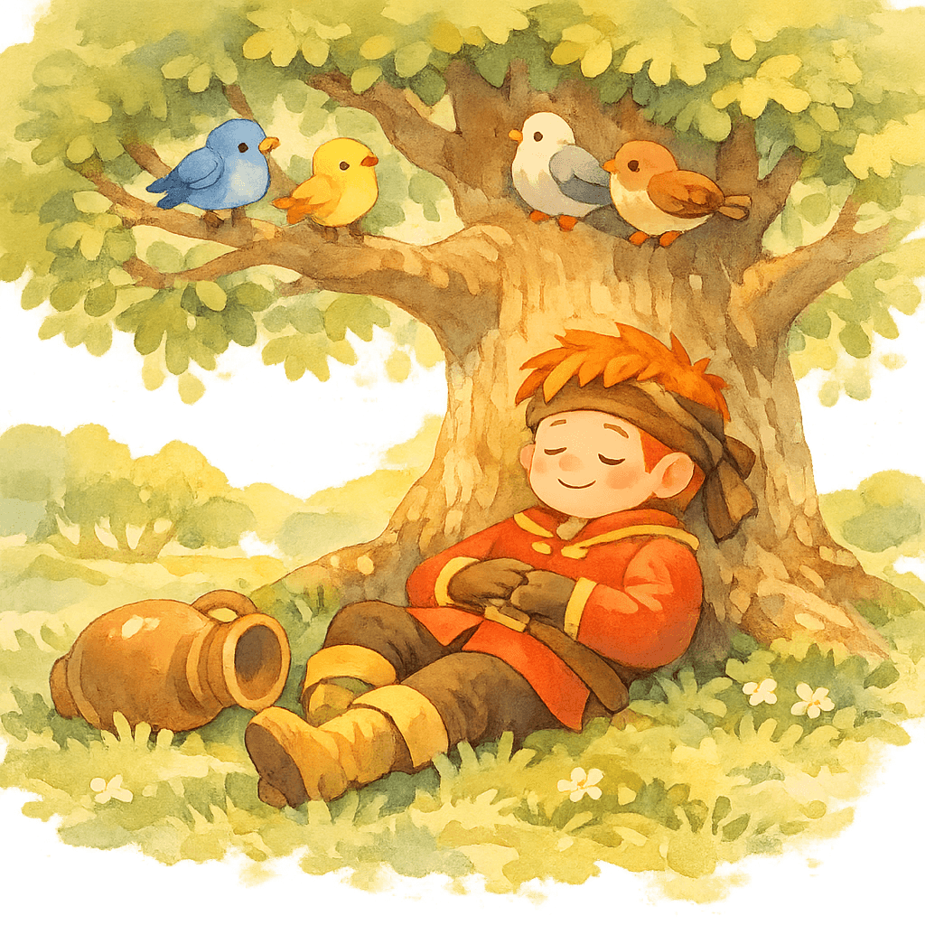 Скороход спит под дубом, кувшины рядом