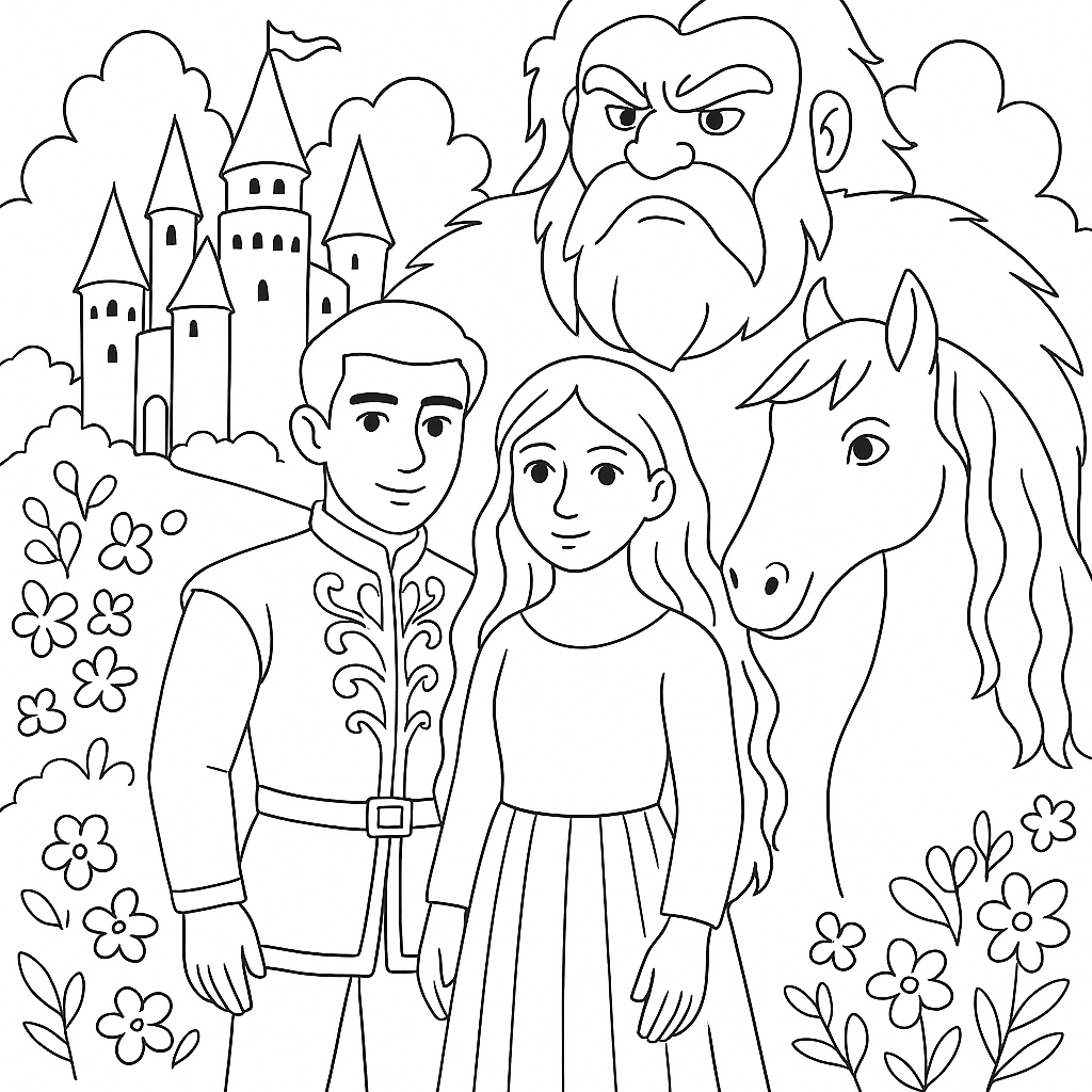 Раскраска по сказке "Принц и дочь великана"