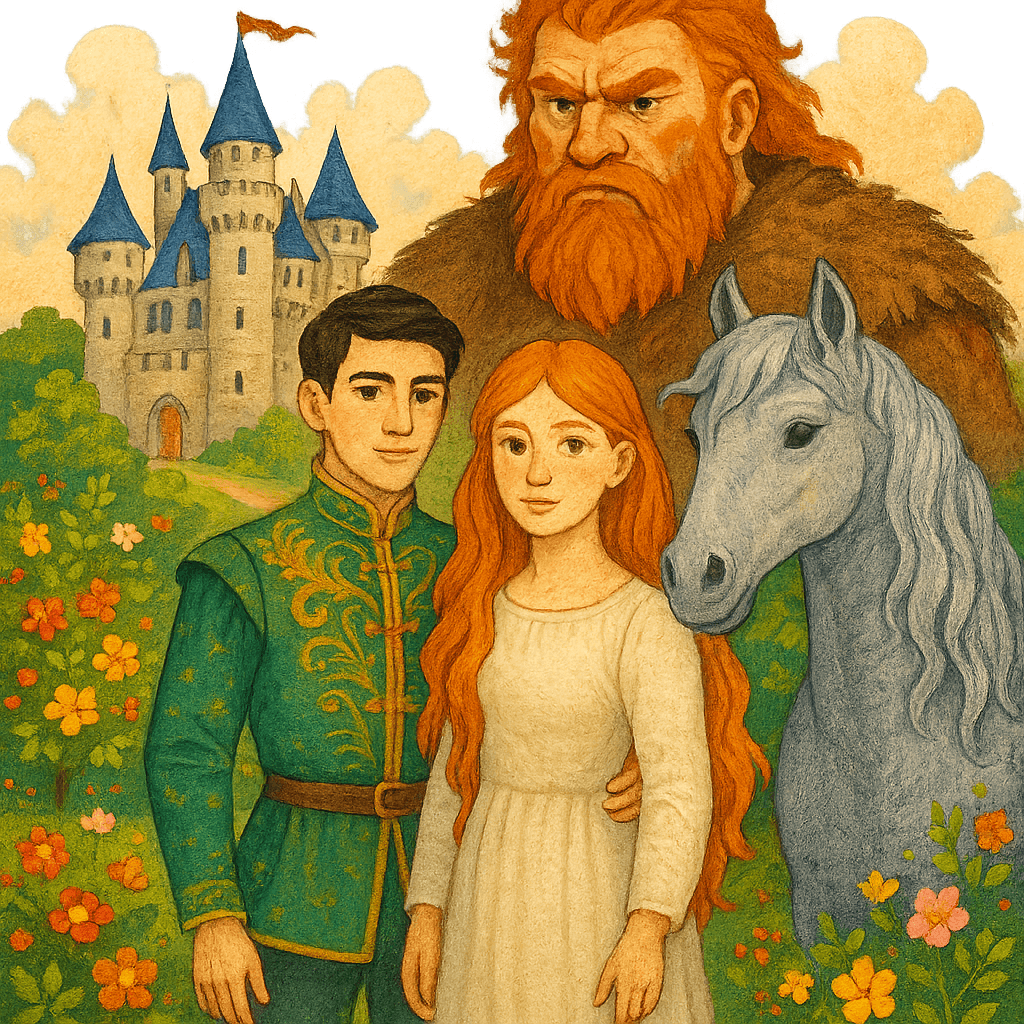 Принц Айен и дочь великана стоят у волшебного замка, рядом с волшебной кобылицей, сзади виден разгневанный великан