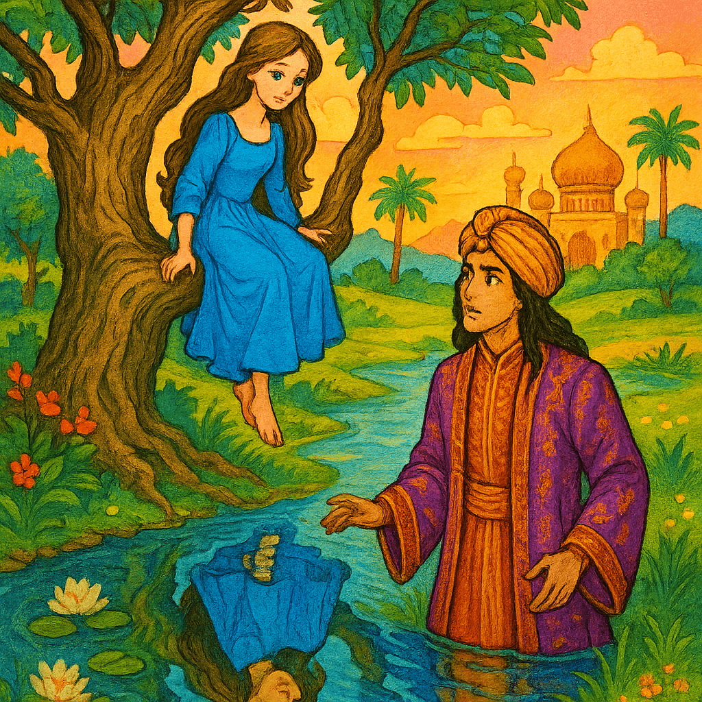 Сын падишаха видит отражение красавицы в источнике и влюбляется.