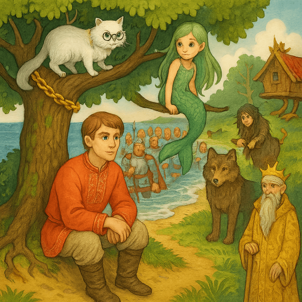 Дуб с золотой цепью, учёный кот, юноша, русалка на ветке, витязи выходят из воды, бурый волк, избушка, Баба-Яга, Кащей — все собраны у волшебного Лукоморья.