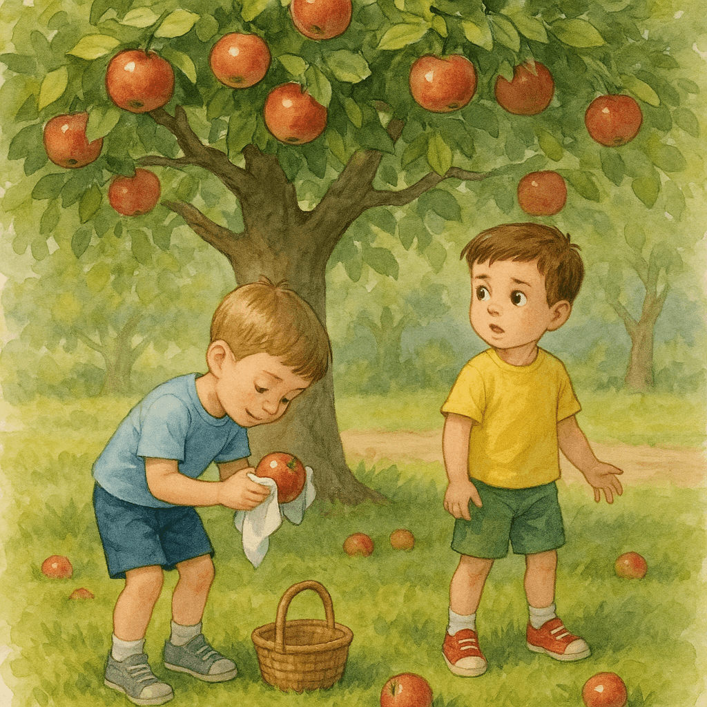 Под яблоней Саша понимает, что потерял красный грузовик