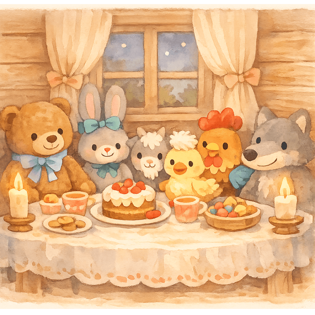 Игрушки Медведь, Заяц, Козлик, Уточка, Петушок, Волк собираются за столом у Ваньки