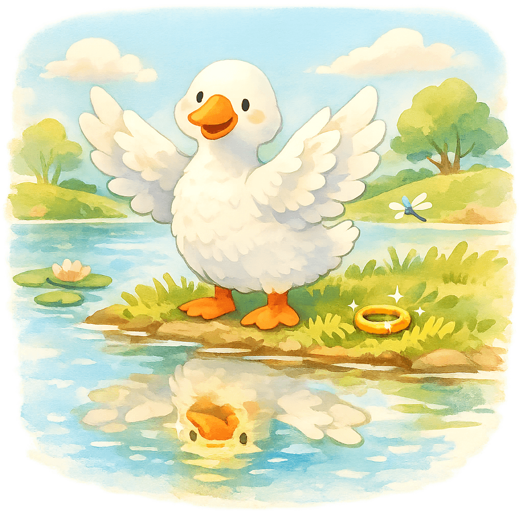 Белый гусь у водоёма, рядом траве сверкает колечко