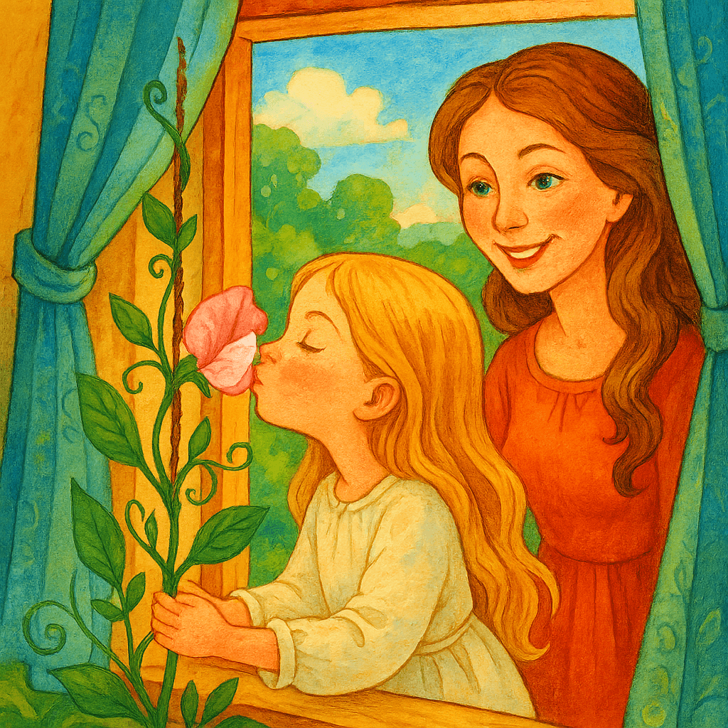 Девочка поцелует цветущий росток гороха у окна, мать счастлива