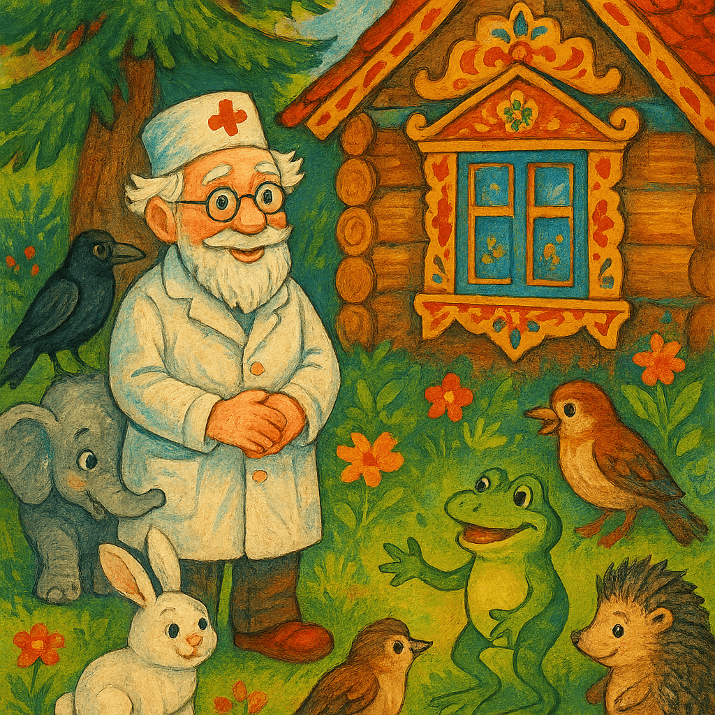 Домик доктора Айболита и лесные звери на балконе и вокруг него.