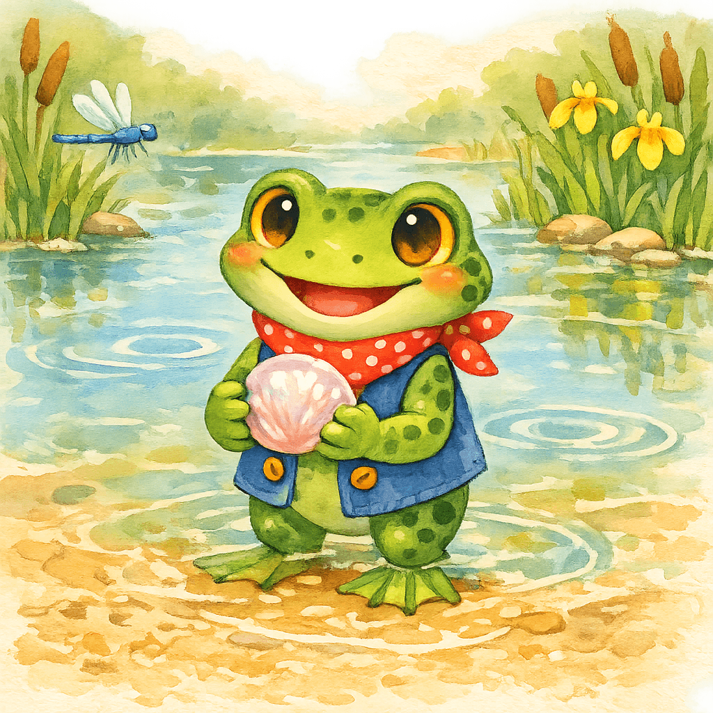 Ква нашёл и крепко держит ракушку у берега