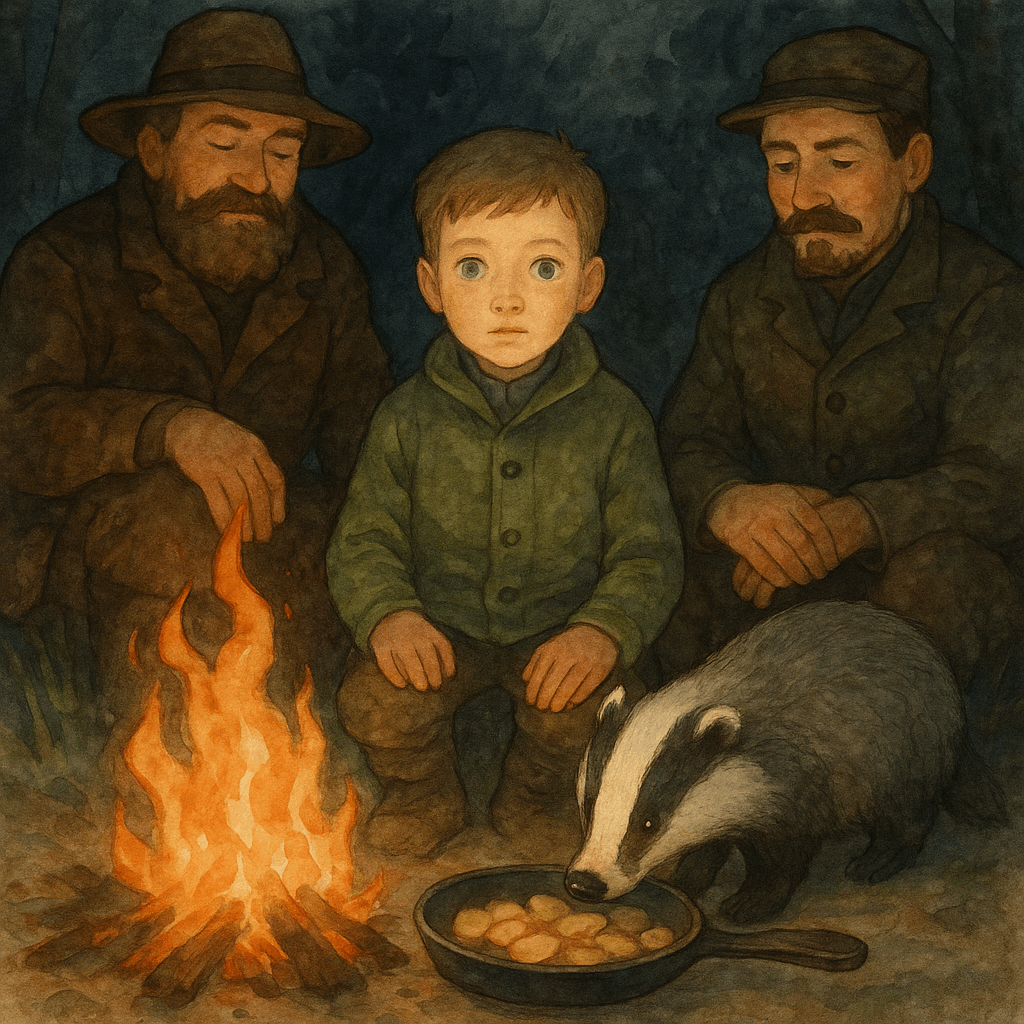 Барсук прикасается носом к сковородке с картошкой у костра