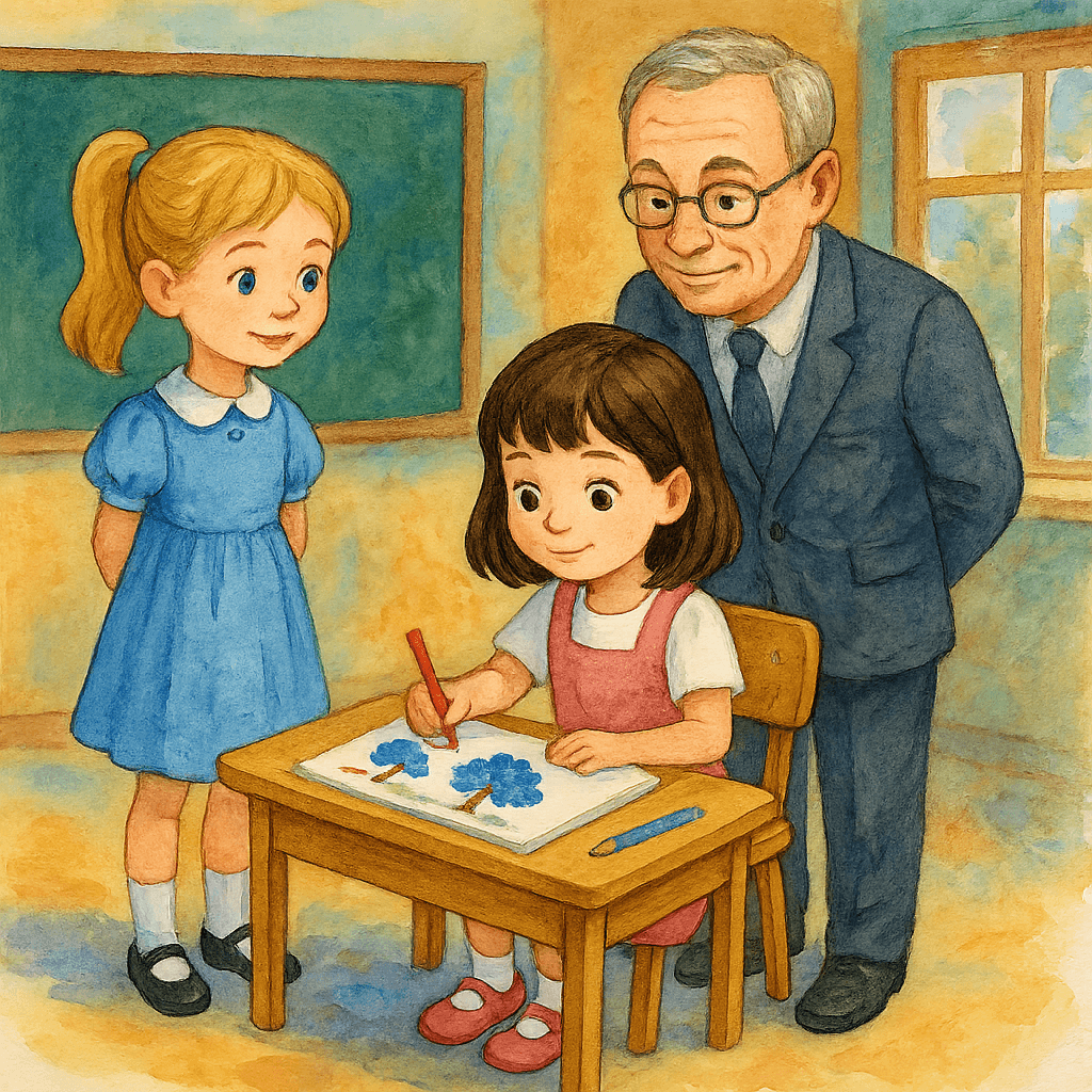 Лена рисует синие листья, Катя и учитель рядом.