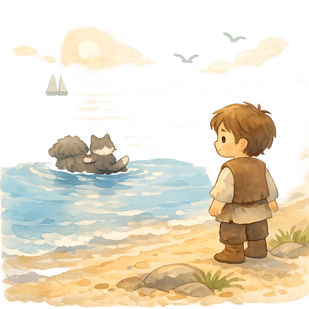 Собака и кошка переплывают море, юноша на берегу