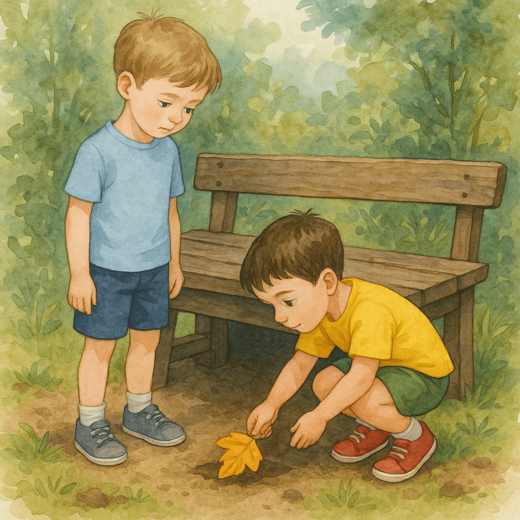 Под скамейкой Саша находит жёлтый листик вместо грузовика