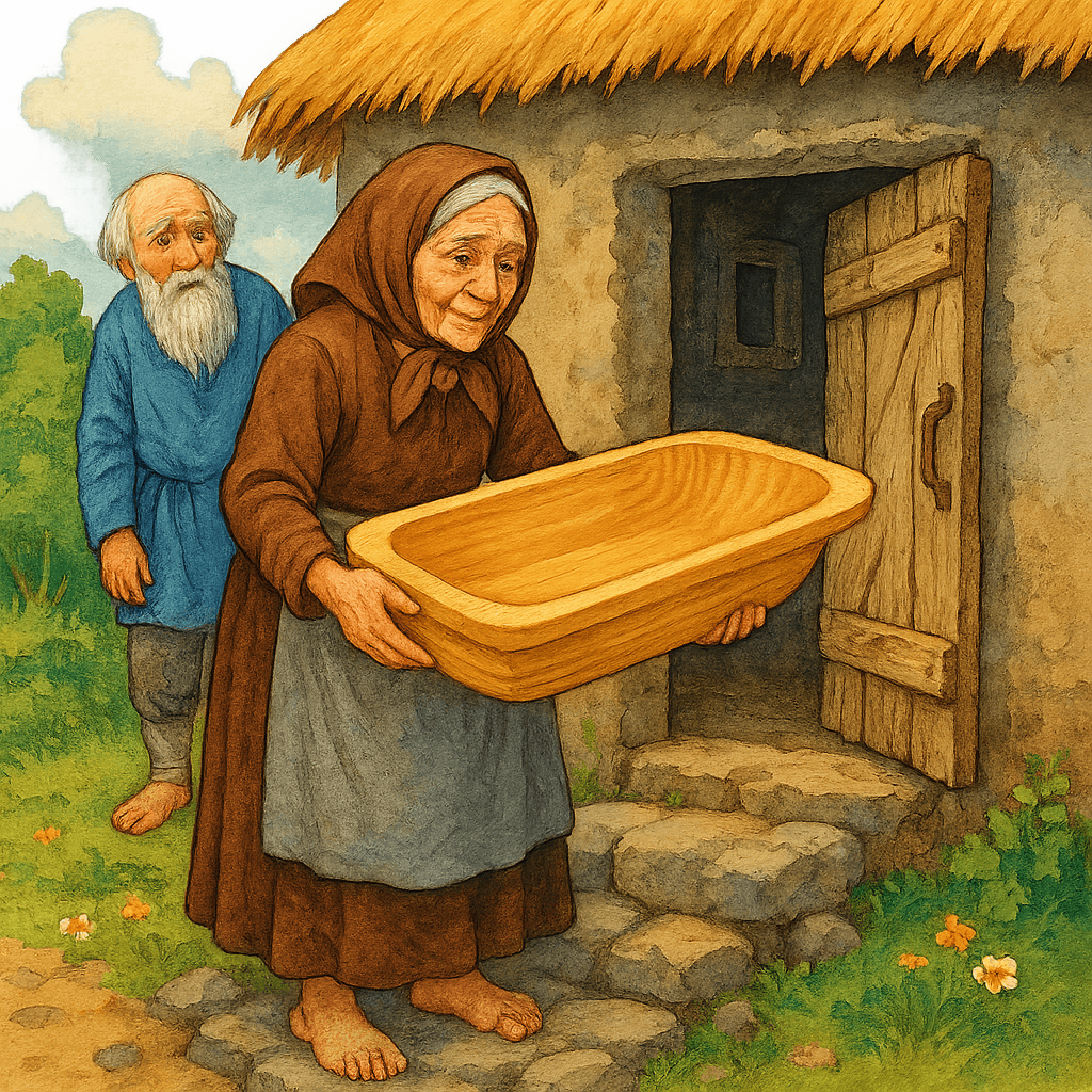 Старуха с новым корытом у порога ветхой землянки.