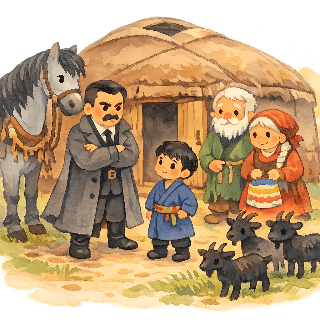 У юрты чиновник с конем, мальчик и родители, рядом три черные козы