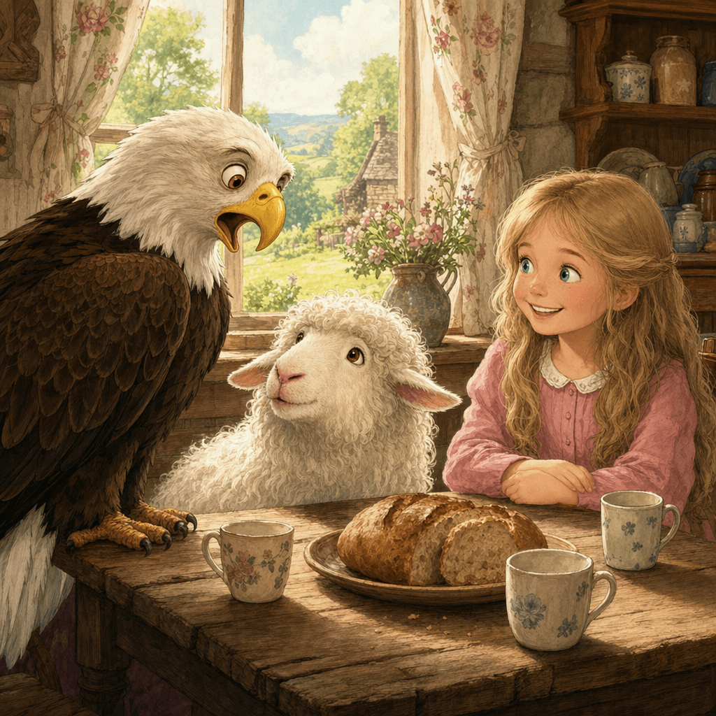 Орел удивлен овечка смотрит на него а Мэри улыбается