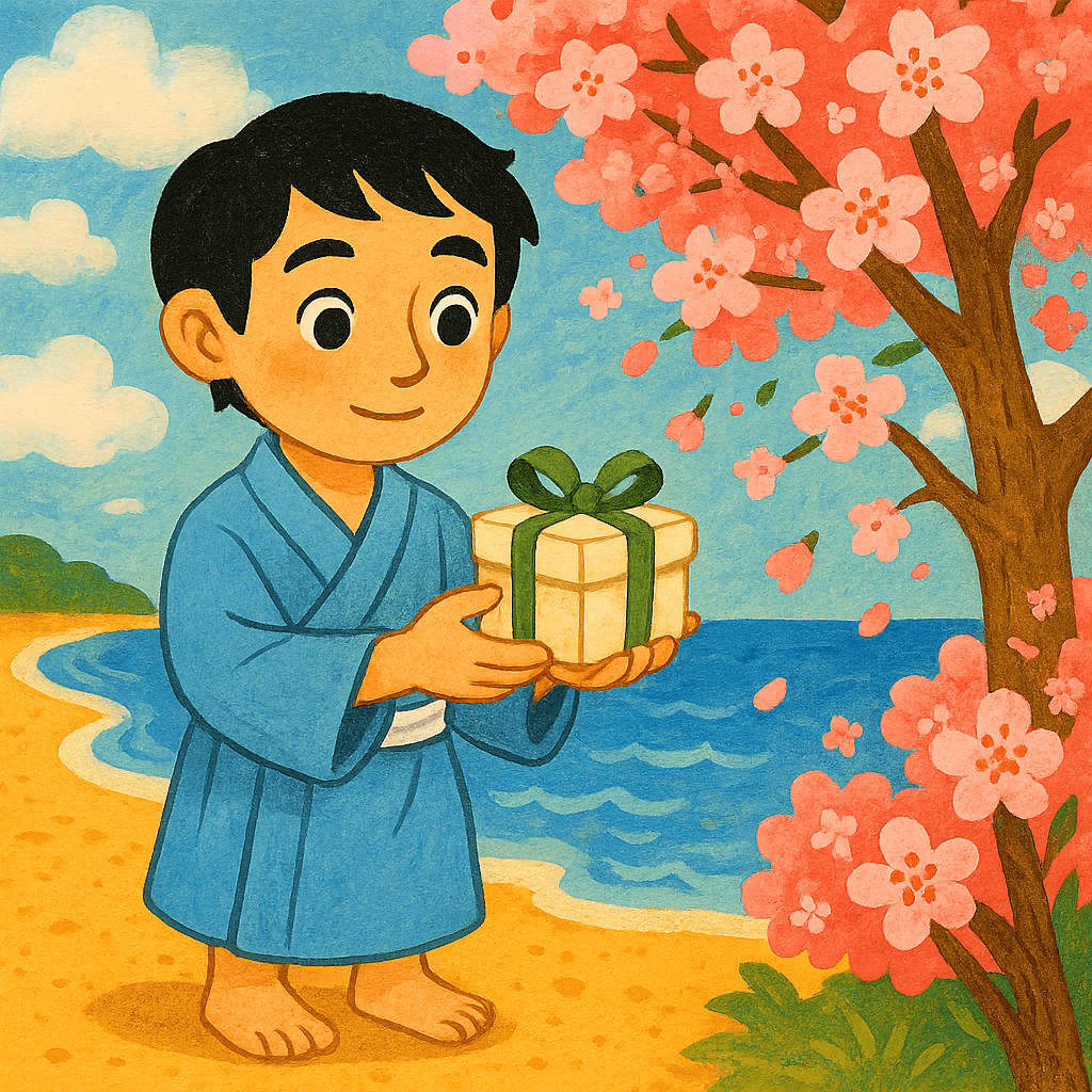 Урашима держит жемчужную коробочку на родном берегу