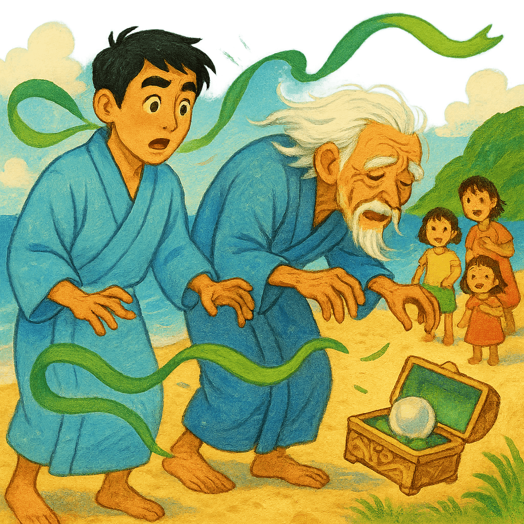 Урашима внезапно стареет, а на волнах качается коробочка с зеленой лентой