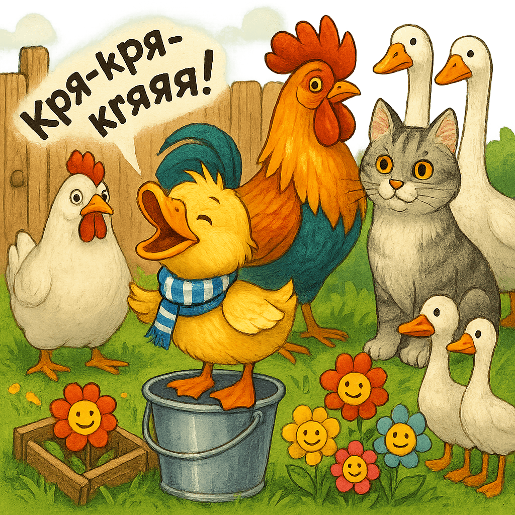 Кряк стоит на ведре и громко кричит, а позади все жители двора и улыбающиеся цветы