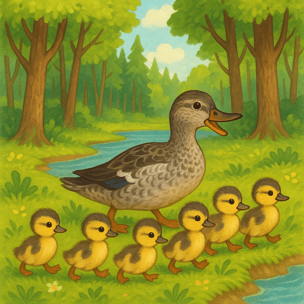 Уточка-мама с пятью утятами на болотистой кочке среди леса