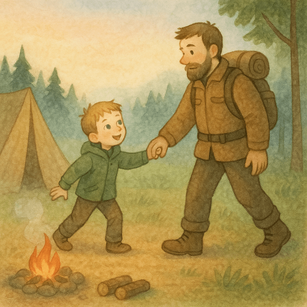 Мальчик тянет взрослого к лесу утром