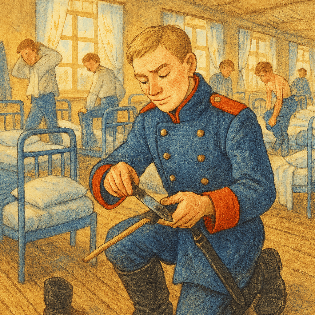 Солдат делает из щепки рукоять для палаша в казарме