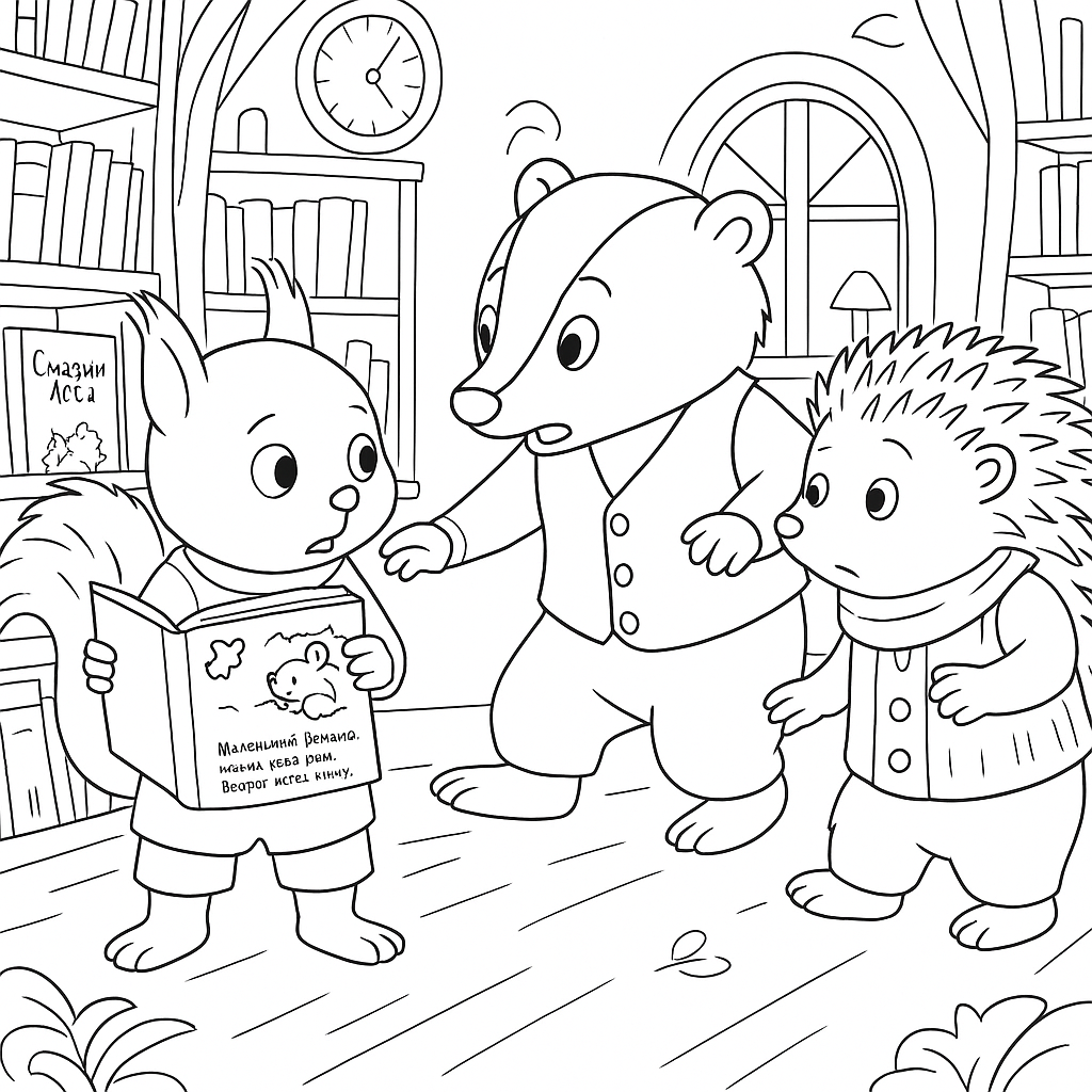 Раскраска по сказке "Ёжик, Бельчонок и зелёная книжка"