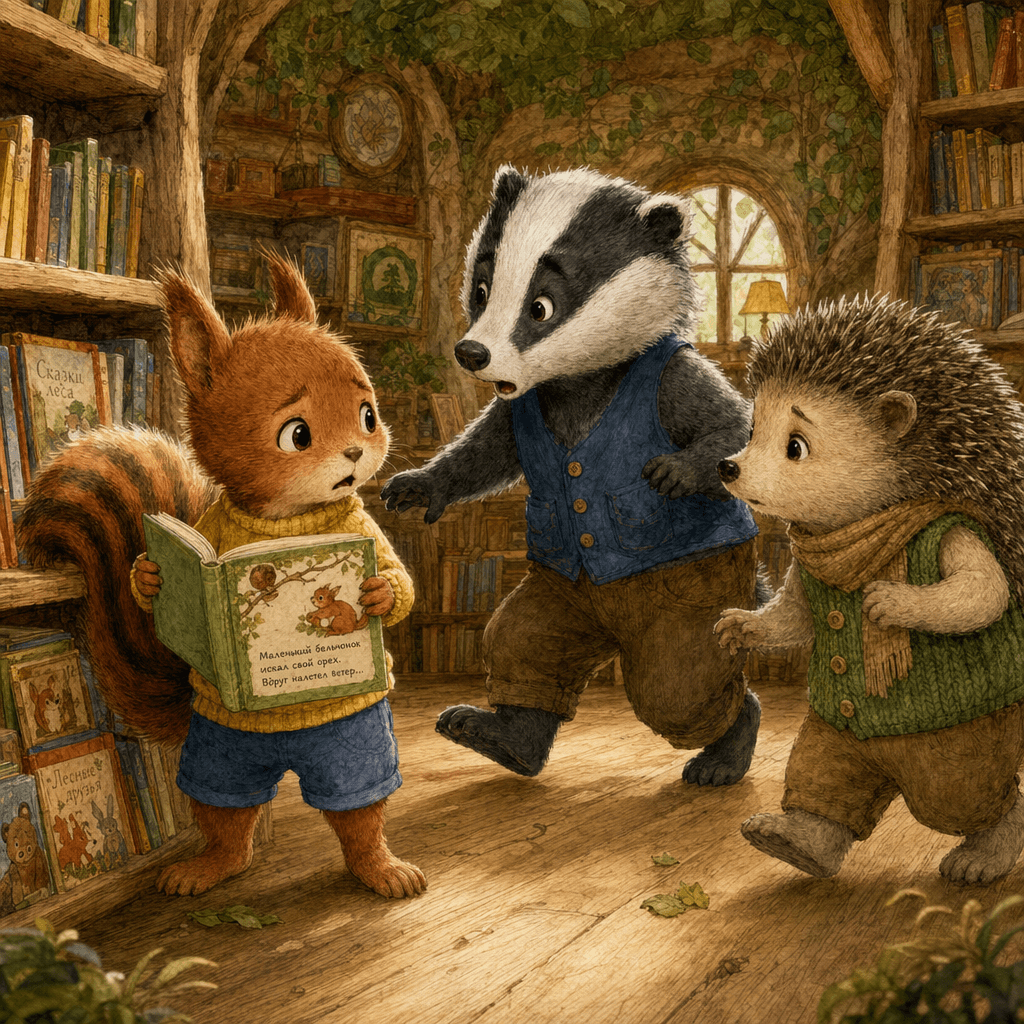 Ёжик замечает страницу, которую Бельчонок читает снова и снова