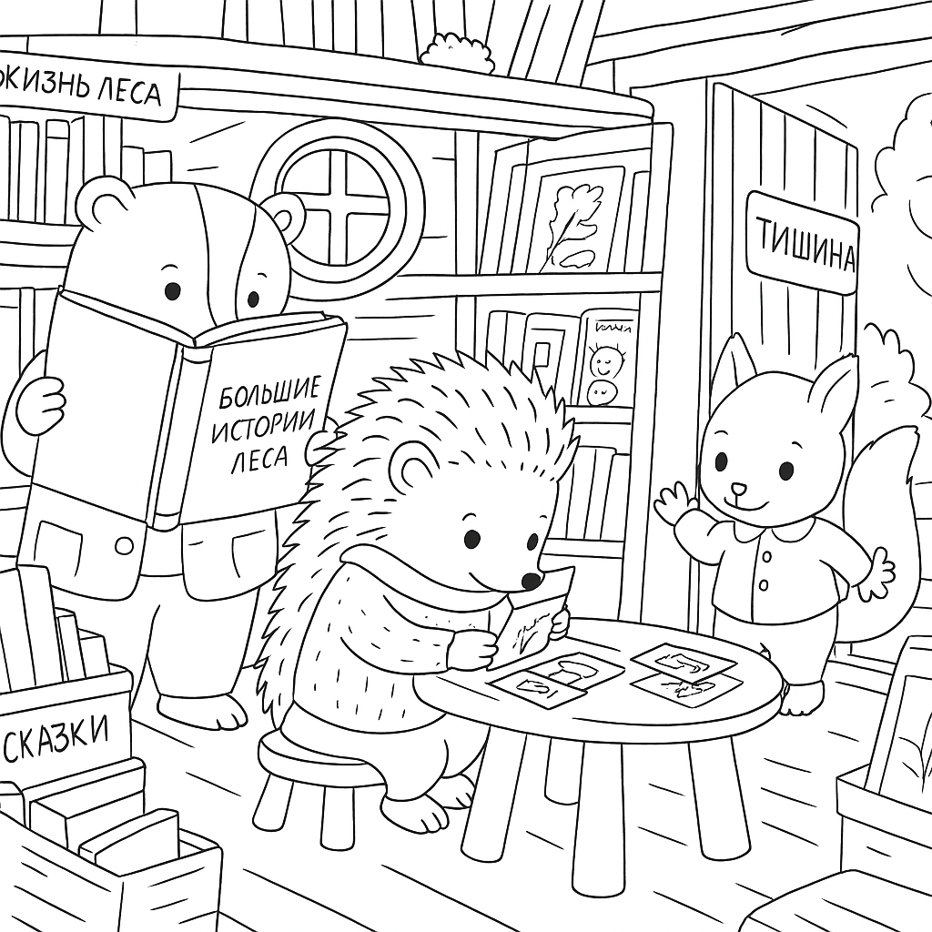 Раскраска по сказке "Ёжик, Бельчонок и зелёная книжка"