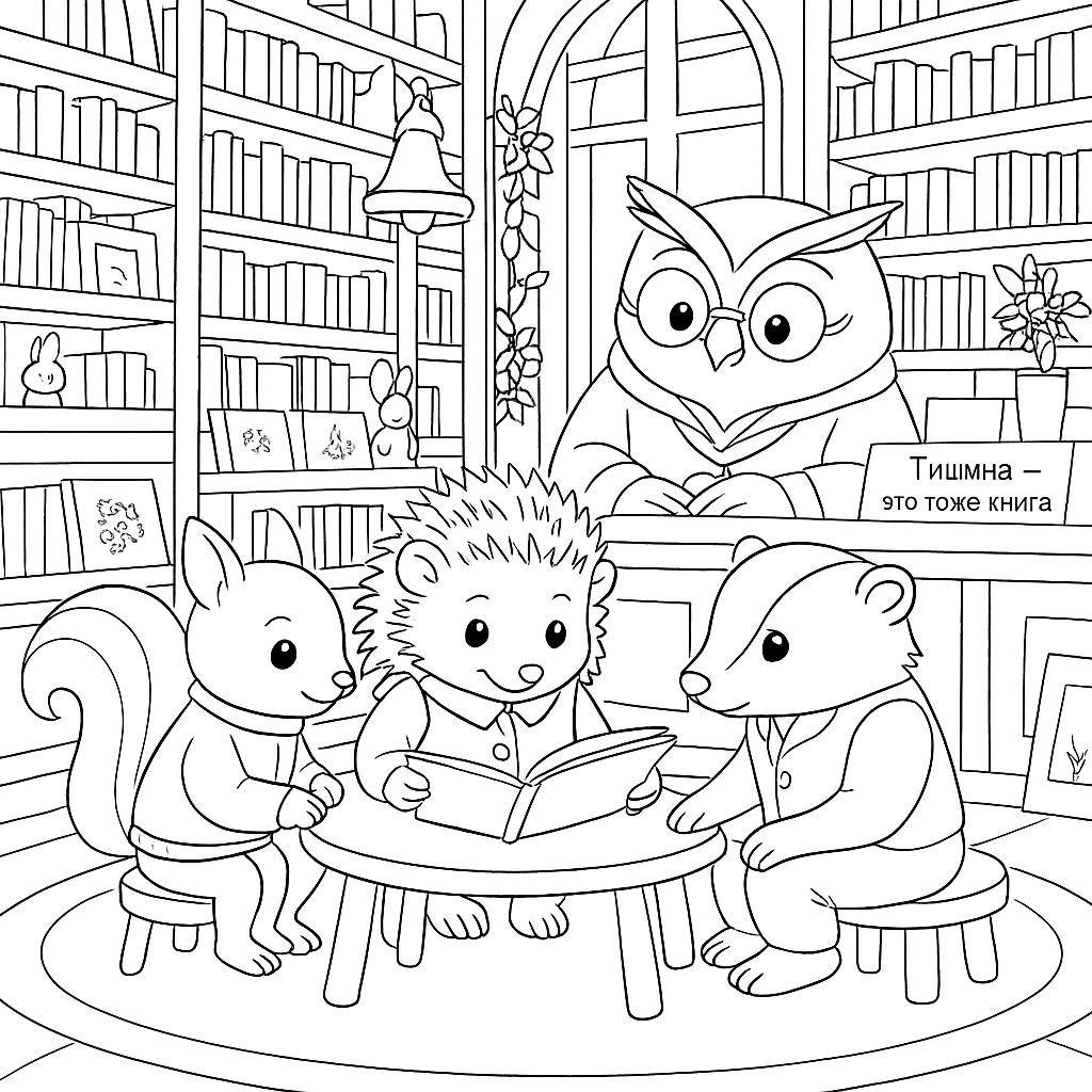 Раскраска по сказке "Ёжик, Бельчонок и зелёная книжка"