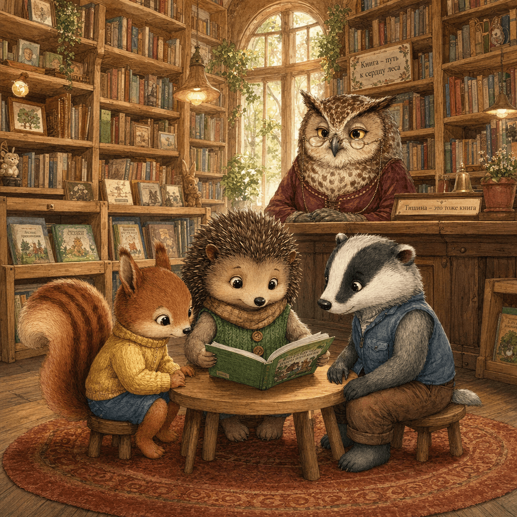 Ёжик, Бельчонок и Барсучок в уютной лесной библиотеке с зелёной книжкой