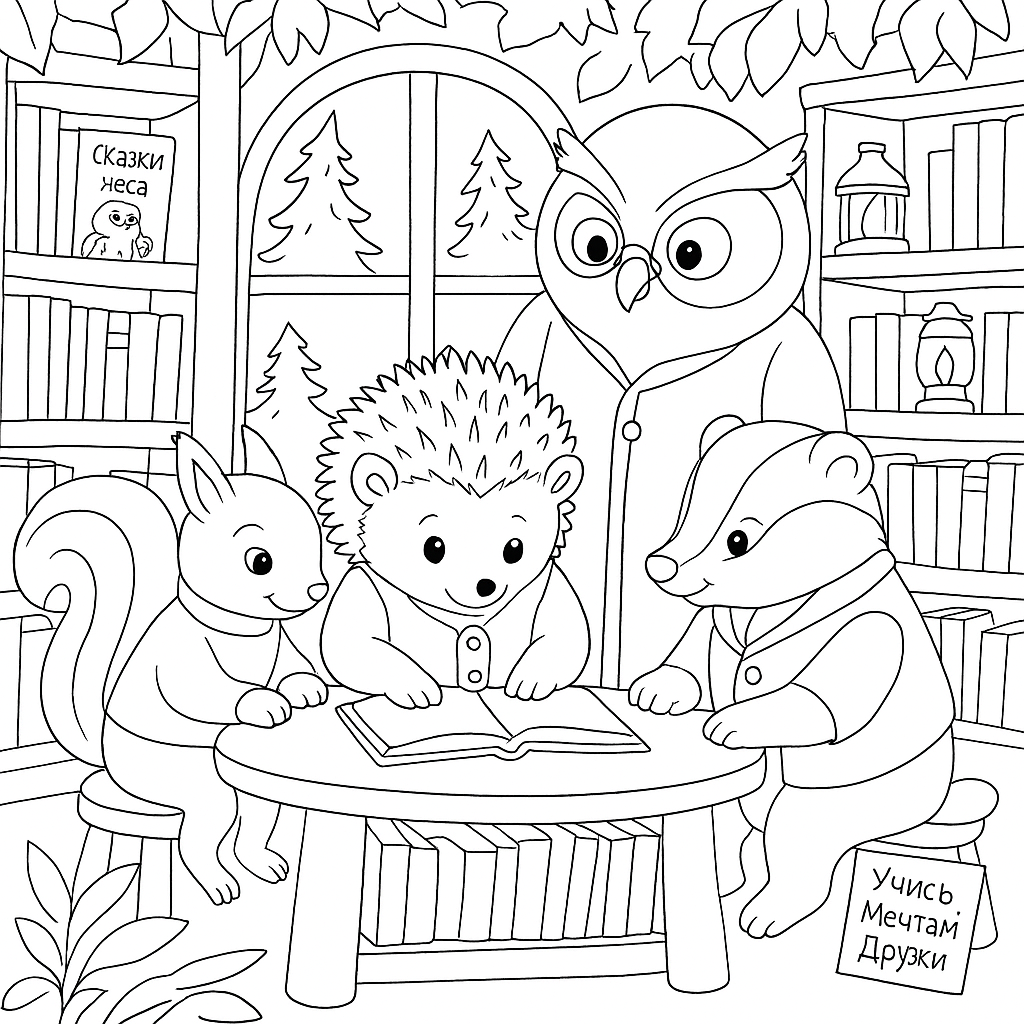 Раскраска по сказке "Ёжик, Бельчонок и зелёная книжка"