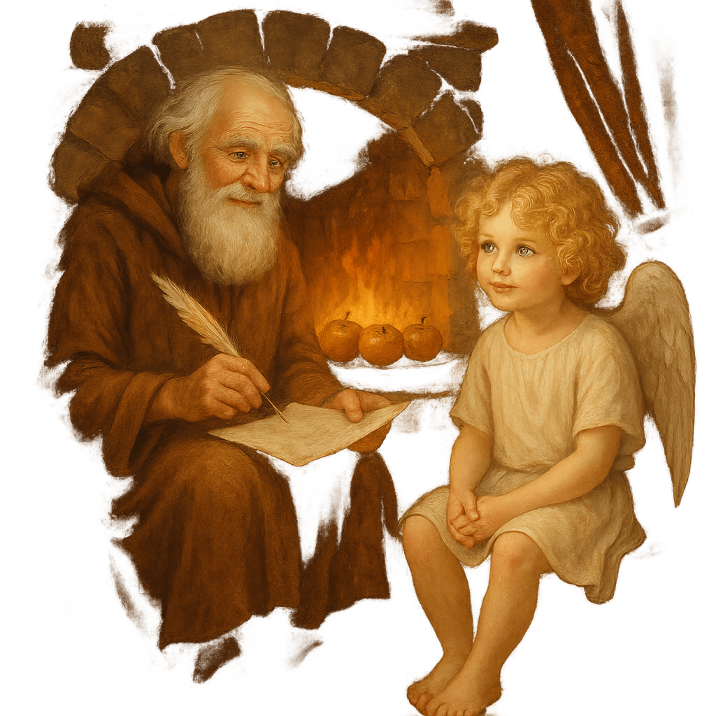 Уютная сказочная сцена: старик-поэт и мальчик-Амур у каменной печки, на печке пекутся яблоки, атмосфера тепла и волшебства.