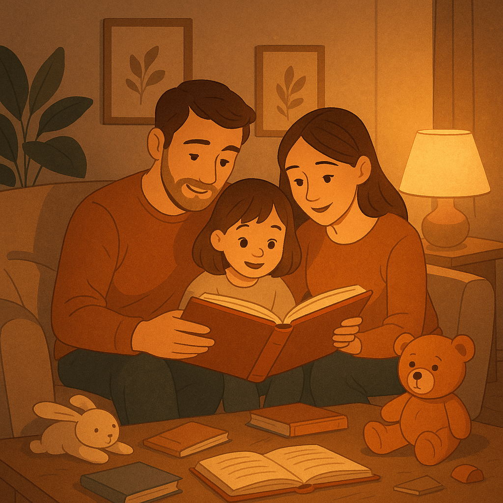 Уютный семейный вечер: родители читают сказку ребёнку в мягком свете лампы, вокруг книги и игрушки