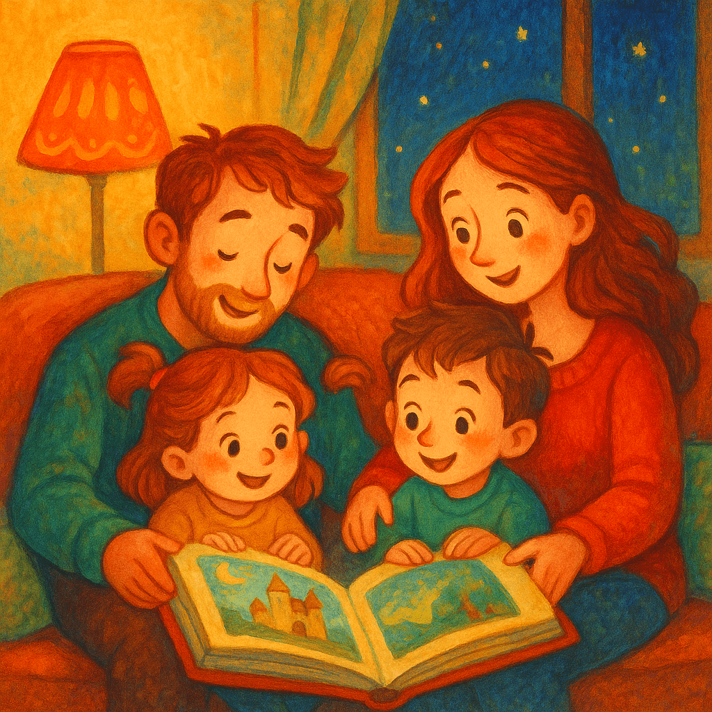 Семья читает сказку вместе, тёплый уютный вечер. Иллюстрация о доверии и эмоциях.