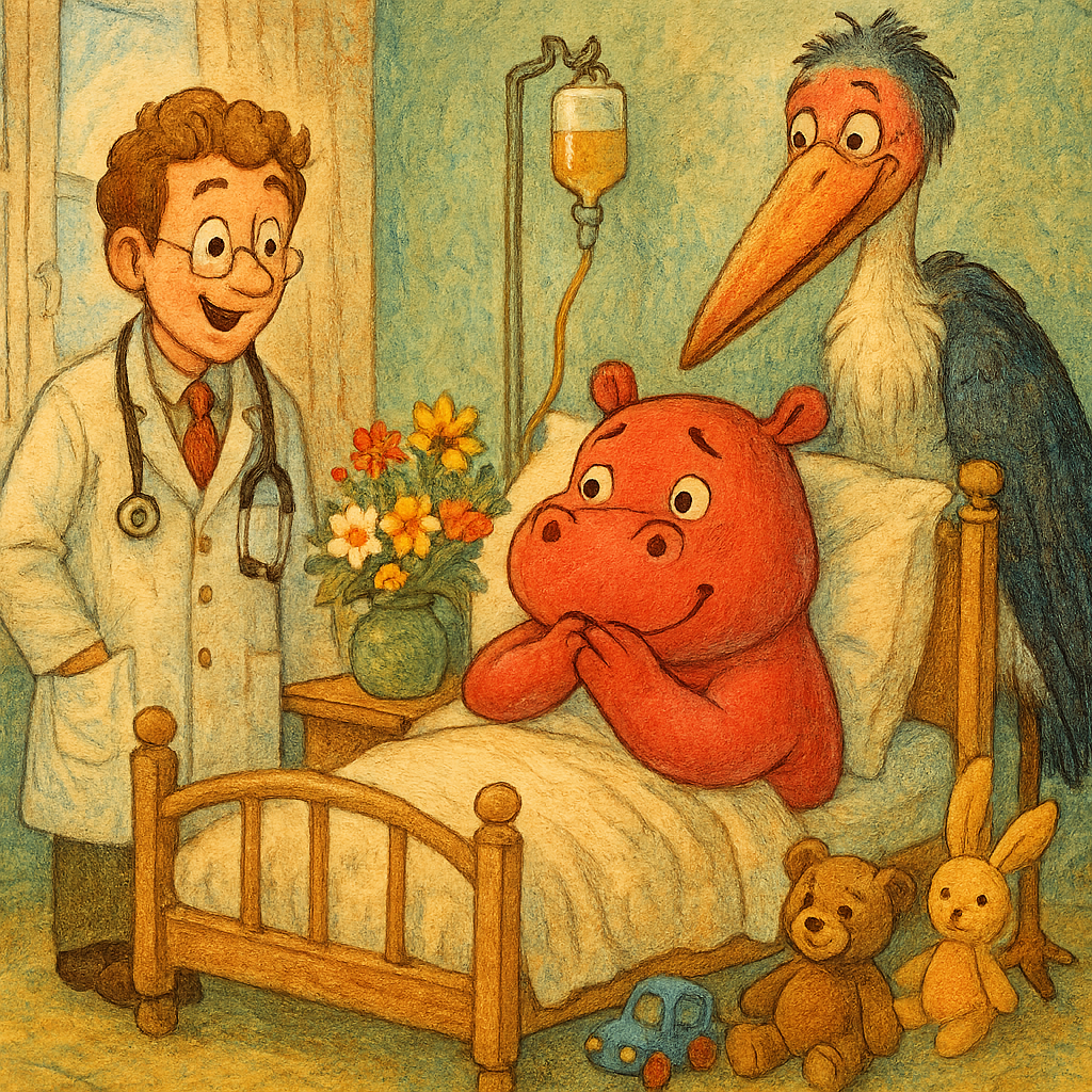 Бегемот краснеет от стыда в больнице, рядом Доктор и Марабу