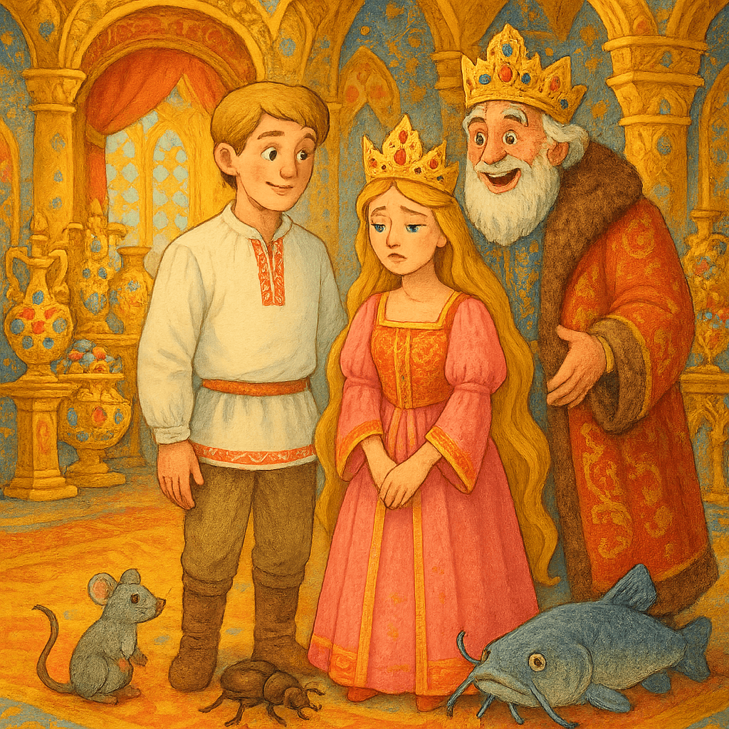 Работник и царевна Несмеяна в царском зале вместе с животными и царём