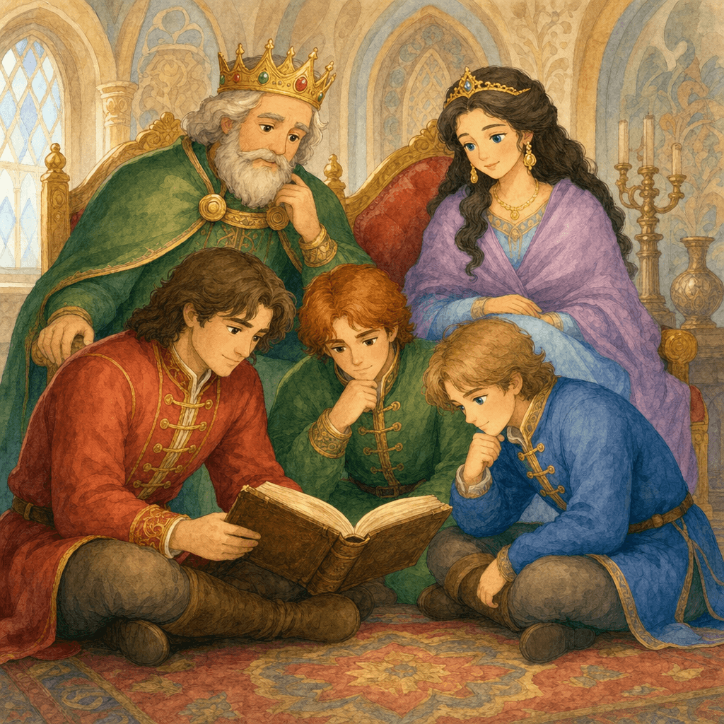 Царь, царица и три сына в царском зале, младший листает старинную книгу.