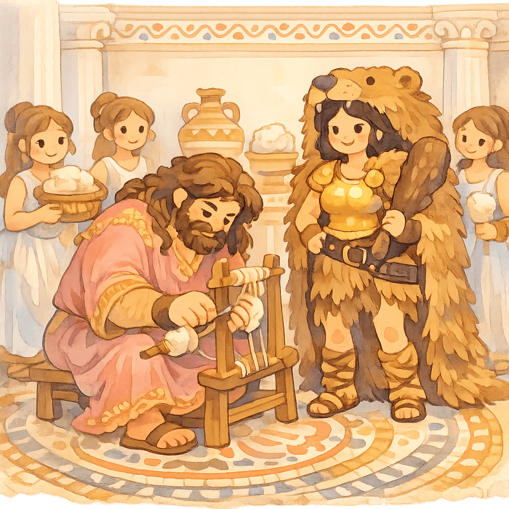 Геракл в женской одежде за ткацким станком с Омфалой, которая примеряет его доспехи