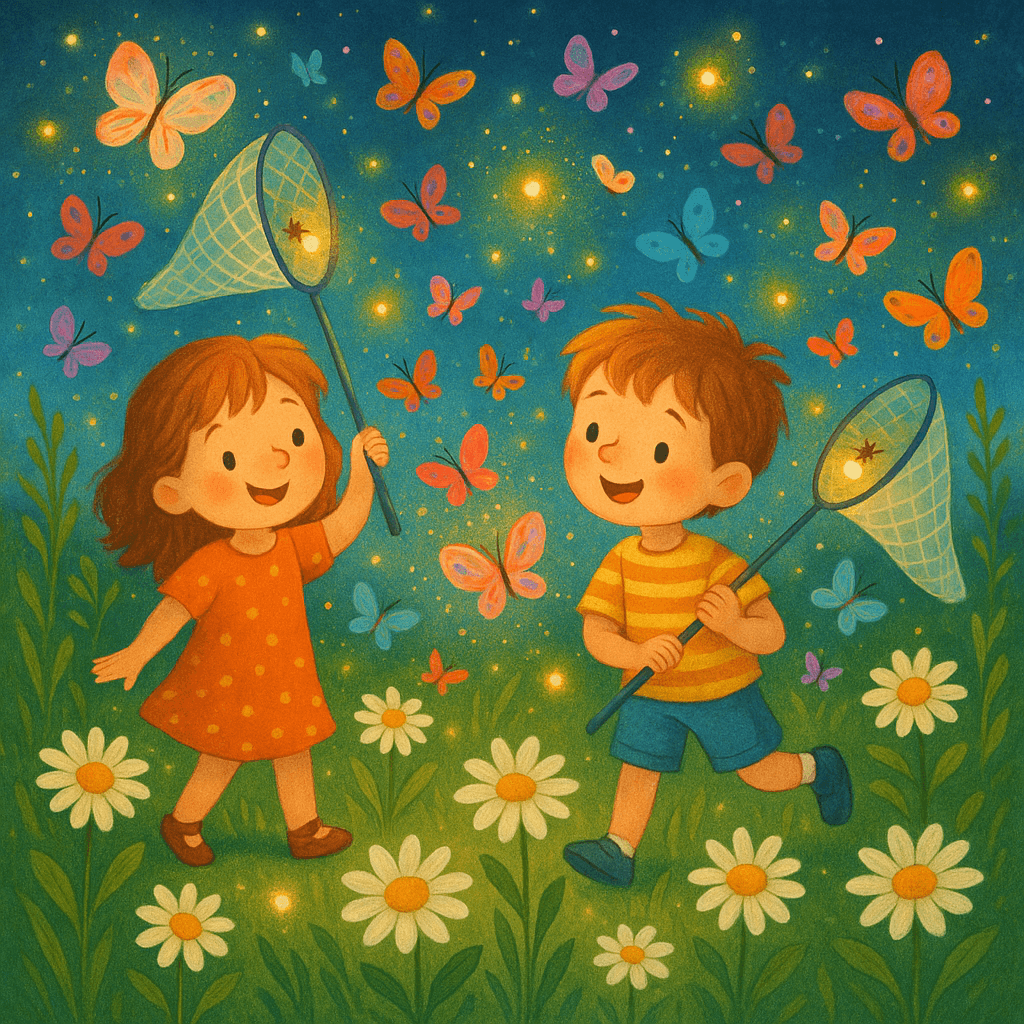 Дети на летней поляне с сачками ловят светлячков, цветы, бабочки и волшебное сияние, сказочный стиль.