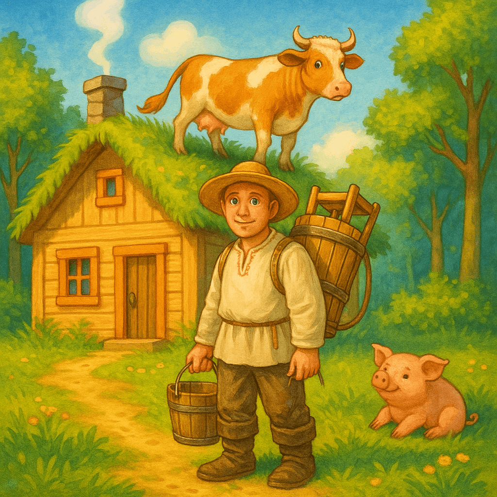 Норвежец-крестьянин с маслобойкой на спине, корова стоит на крыше дома, поросёнок возле избы